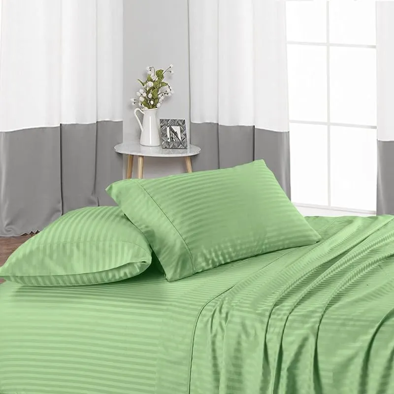 800 Thread Count, Hotel Quality Flat Bedsheets & 2 Pillow Covers, 100% Egyptian Cotton, Wrinkle Free & Fade Resistant 3 PC Bedsheets Set-Sage Stripe, King Size.