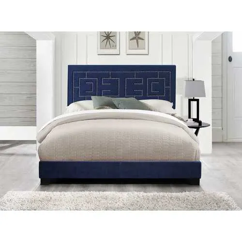 80" X 86" X 50" Dark Blue Velvet Upholstered Bed Wood Leg Eastern King Bed