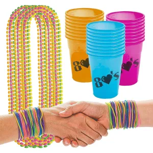 80's Party Favors - Plastic Beverage Cups, Neon Bead Necklaces, and Jelly Bracelets for 24 Guests