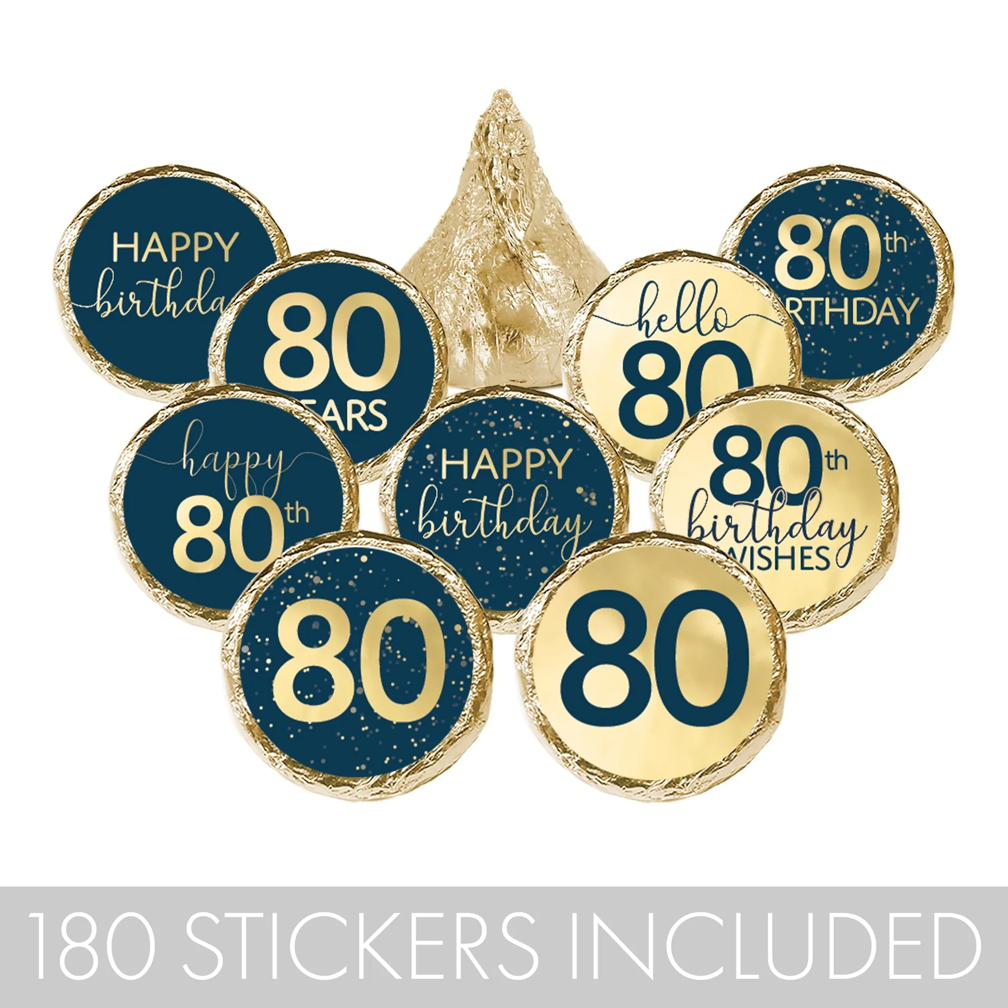 80th Birthday: Navy Blue & Gold - Adult Birthday - Stickers - Fits Hershey's Kisses Candy