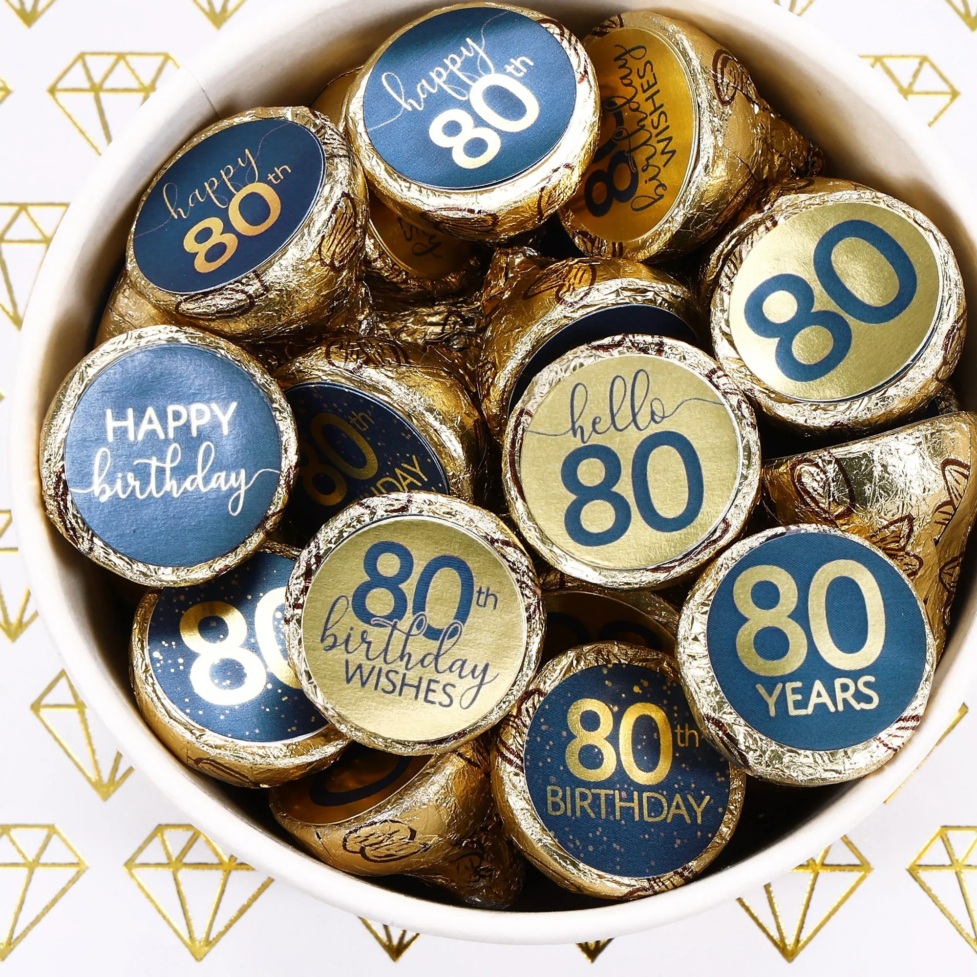 80th Birthday: Navy Blue & Gold - Adult Birthday - Stickers - Fits Hershey's Kisses Candy