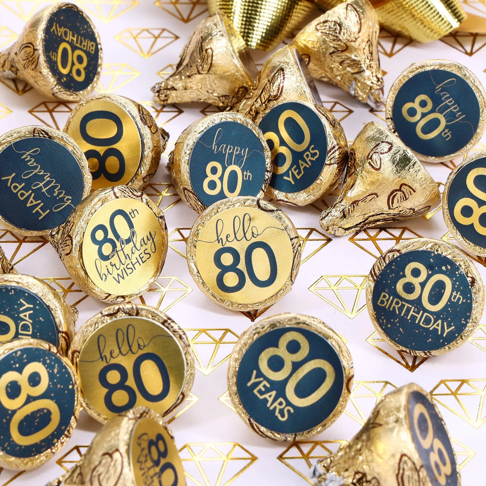 80th Birthday: Navy Blue & Gold - Adult Birthday - Stickers - Fits Hershey's Kisses Candy