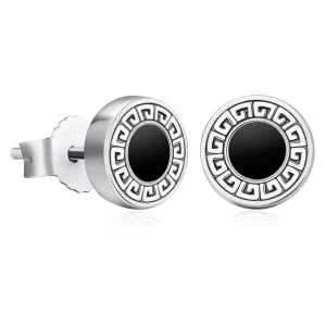 8.5mm Vintage Black Agate Round Diamond Stud Earrings in 925 Sterling Silver