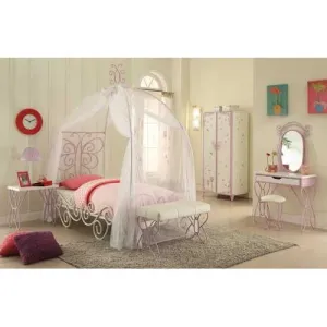 85" X 56" X 88" Full White And Light Purple Metal Tube Bed With Canopy