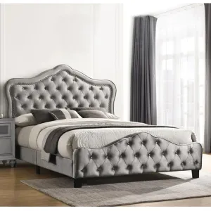 87 Inch Classic Upholstered Queen Size Bed, Scalloped, Button Tufted, Gray By Casagear Home