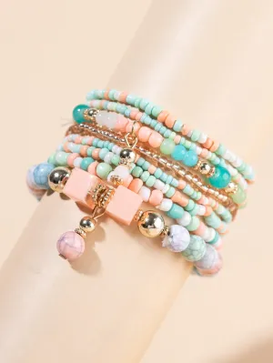 8pcs Blue Pink Beaded Bracelet Stackable Stretch Bracelets Creative Beads Design