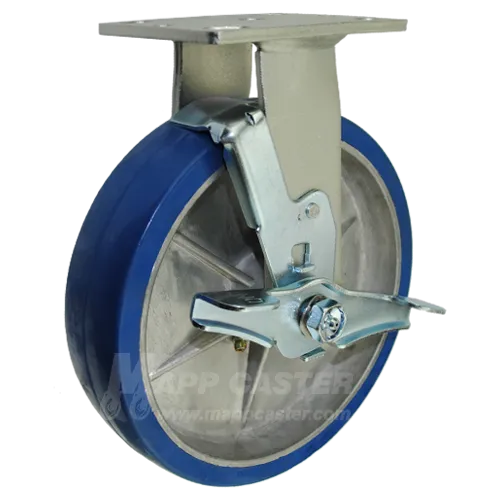 8" x 2" Polyurethane on Aluminum Wheel Rigid Brake Caster - 1,250 Lbs Capacity