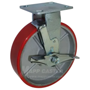 8" x 2" Red Poly on Iron Wheel Rigid Brake Caster - 1,250 Lbs Capacity