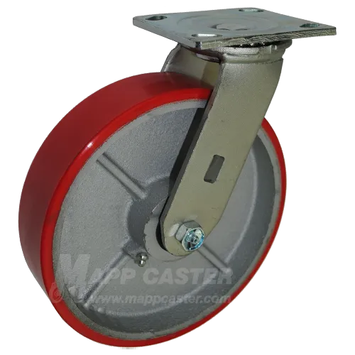 8" x 2" Red Poly on Iron Wheel Swivel Caster - 1,250 Lbs Capacity