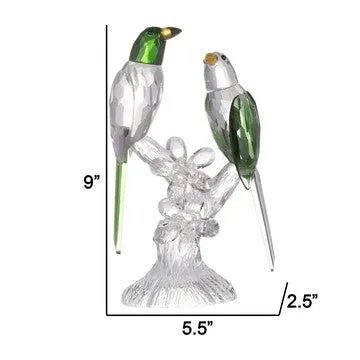 9 Inch 2 Parrots Sculpture Figurine Accent, Clear and Green Faceted Glass By Casagear Home