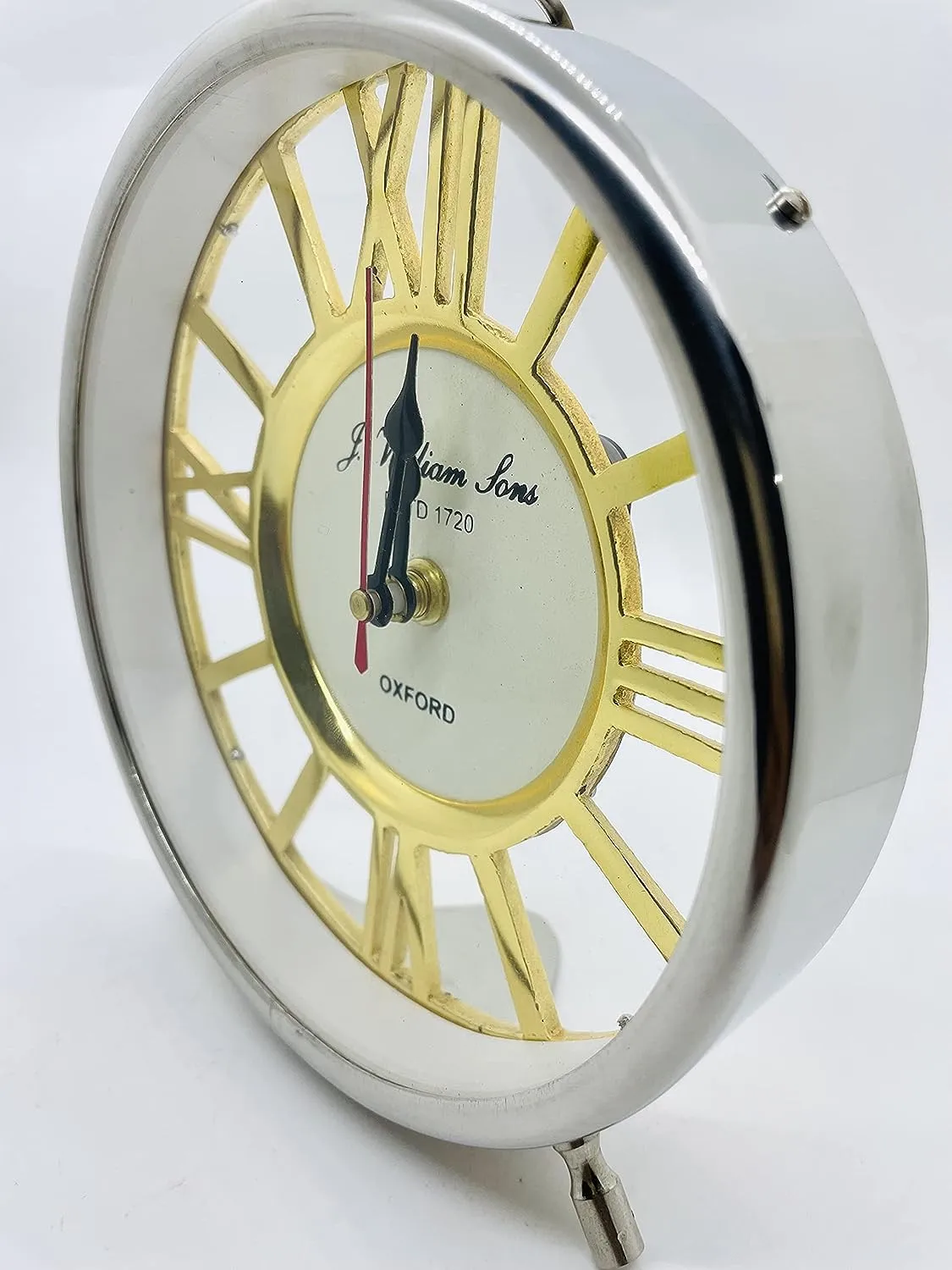 9 Inches Metal Round Shape Silver and Gold Finish Table, Roman Numerals Desk, Shelf Clock for Home & Office Decor