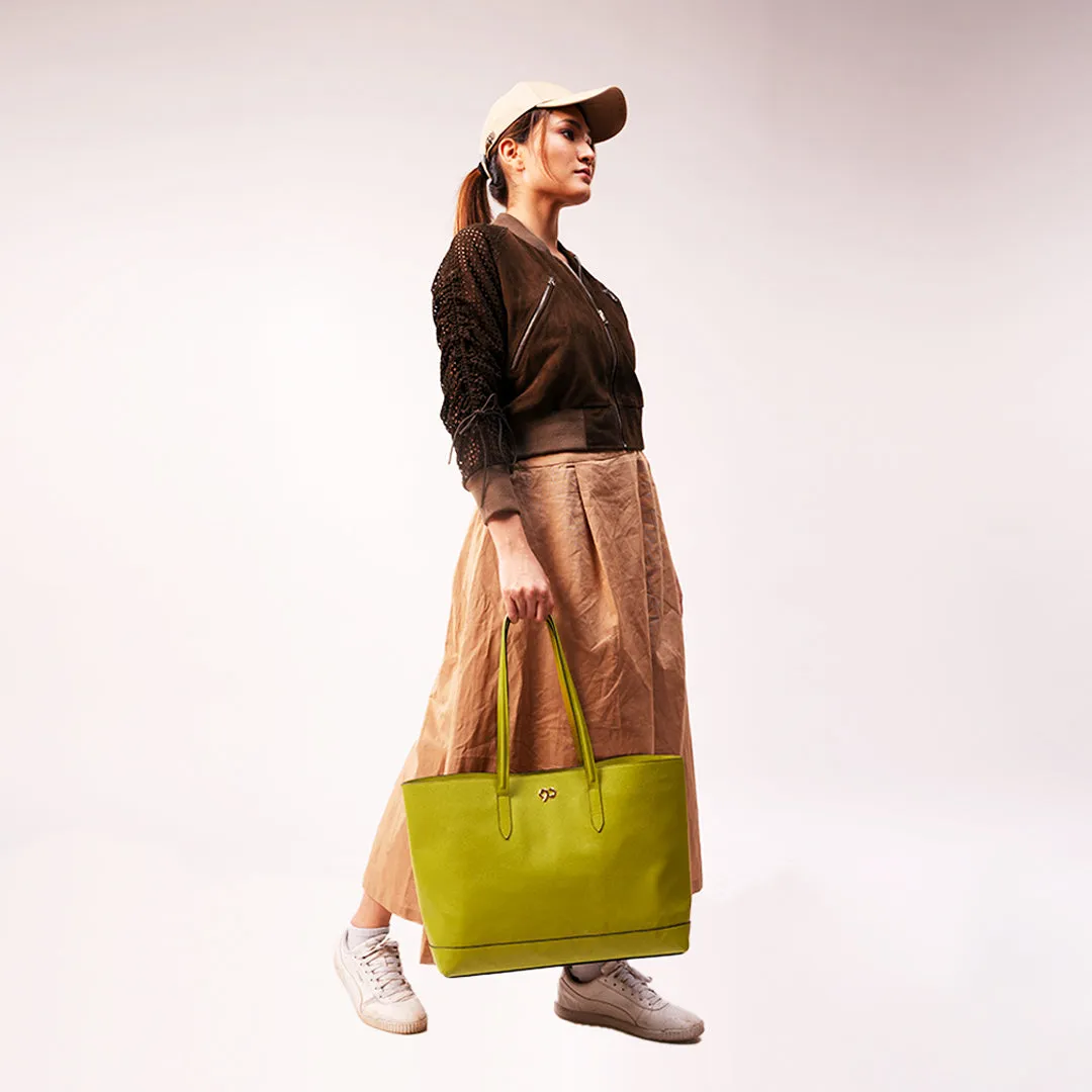 90 Feet Malti Classic Lime Green Real Leather Tote Bag