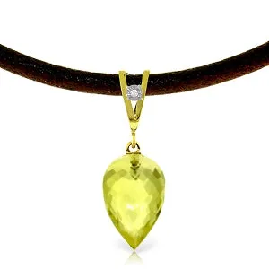 9.01 Carat 14K Solid Yellow Gold Leather Necklace Diamond Lemon Quartz