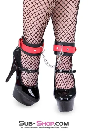 9029MQ      Locking Black Ankle Bondage Cuffs with Red Strap & Connection Chain - LAST CHANCE - Final Closeout!