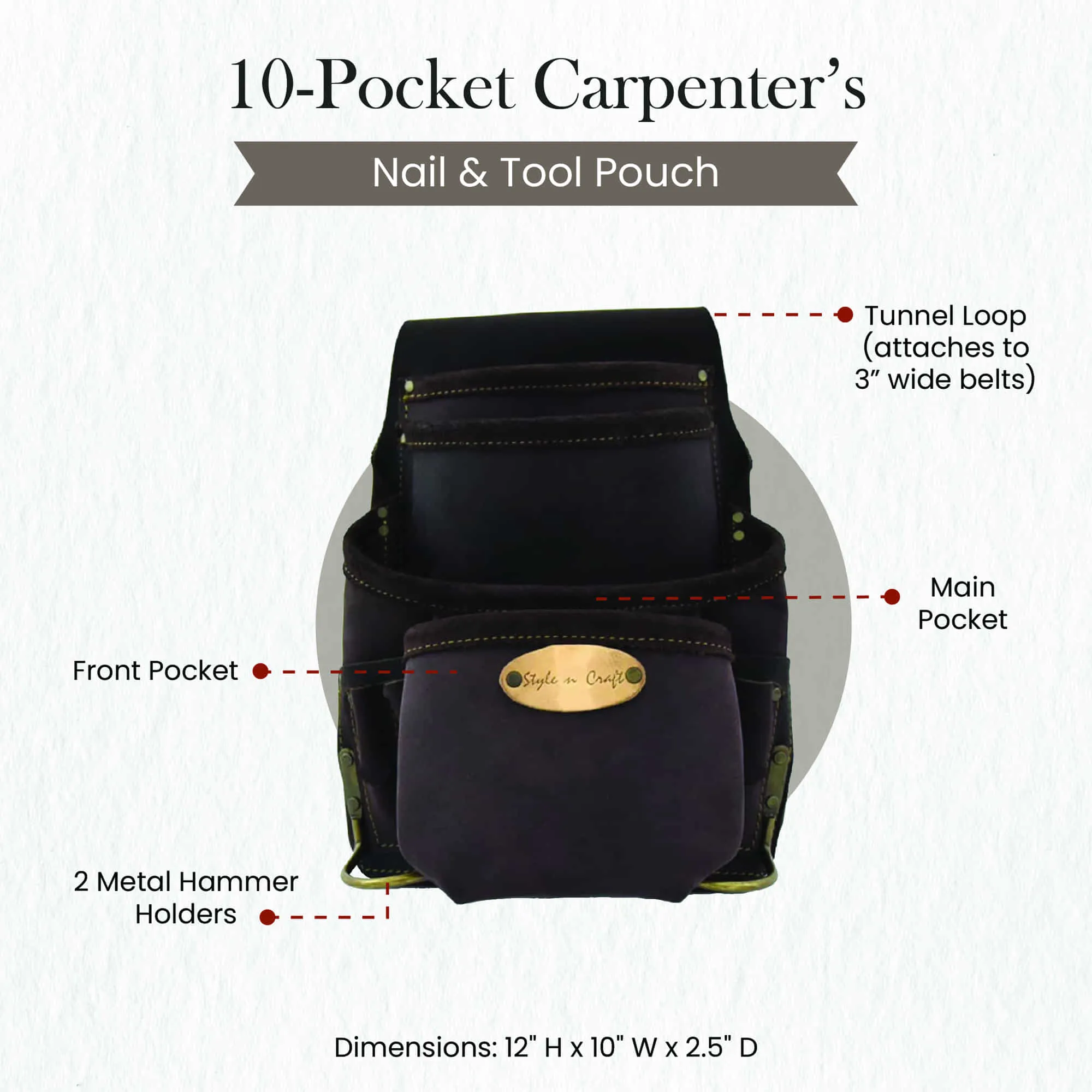 90926 - 10 Pocket Carpenter's Nail and Tool Pouch in Oiled Full Grain Leather | Style n Craft