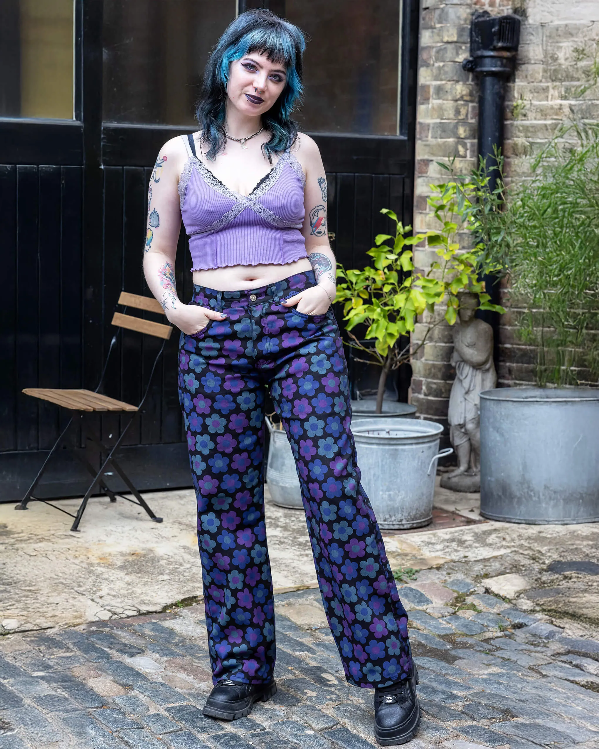 90's Black Magic Flower Wide Leg Stretch Jeans