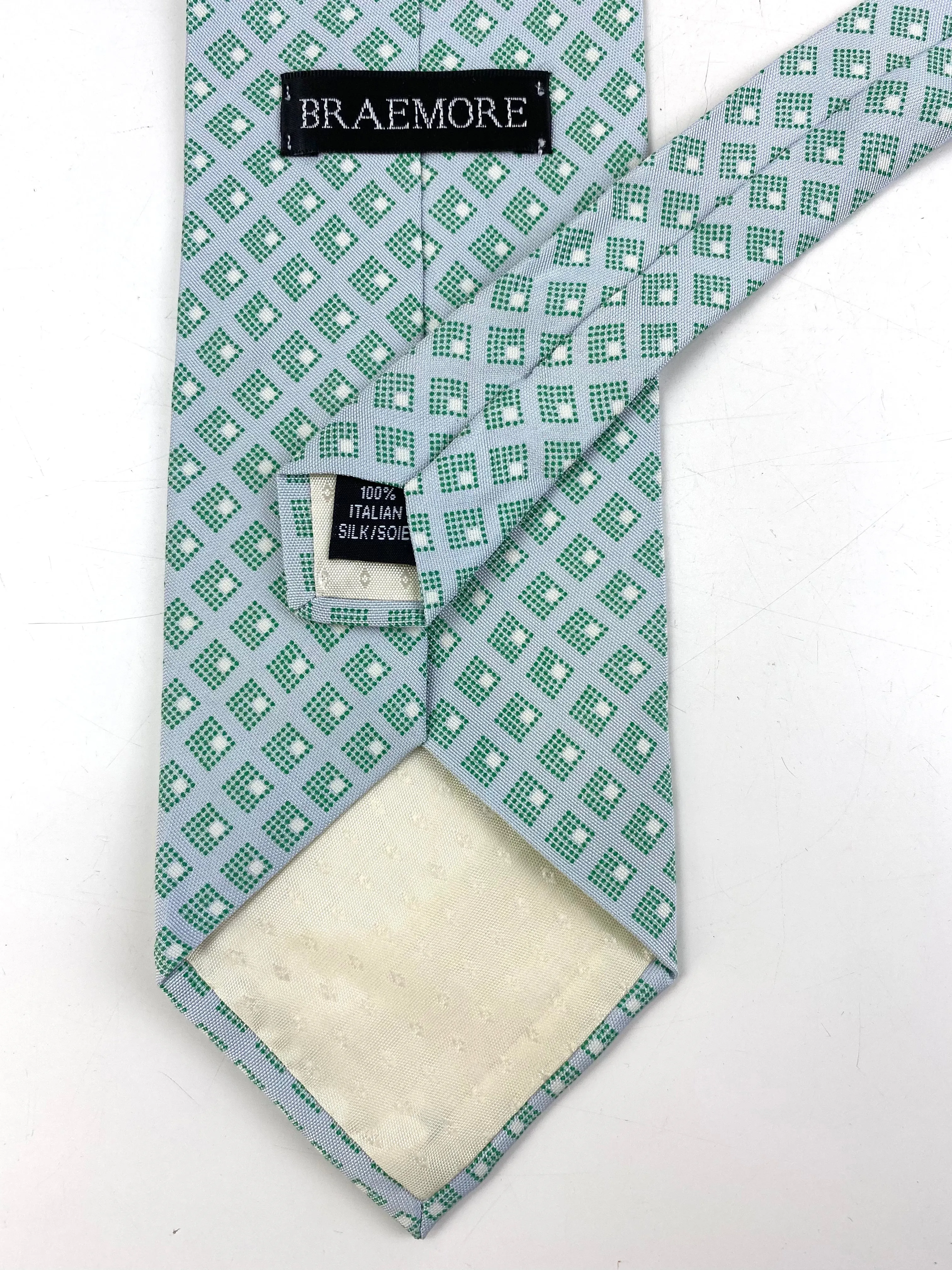 90s Deadstock Silk Necktie, Men's Vintage Green Blue Geometric Pattern Tie, NOS