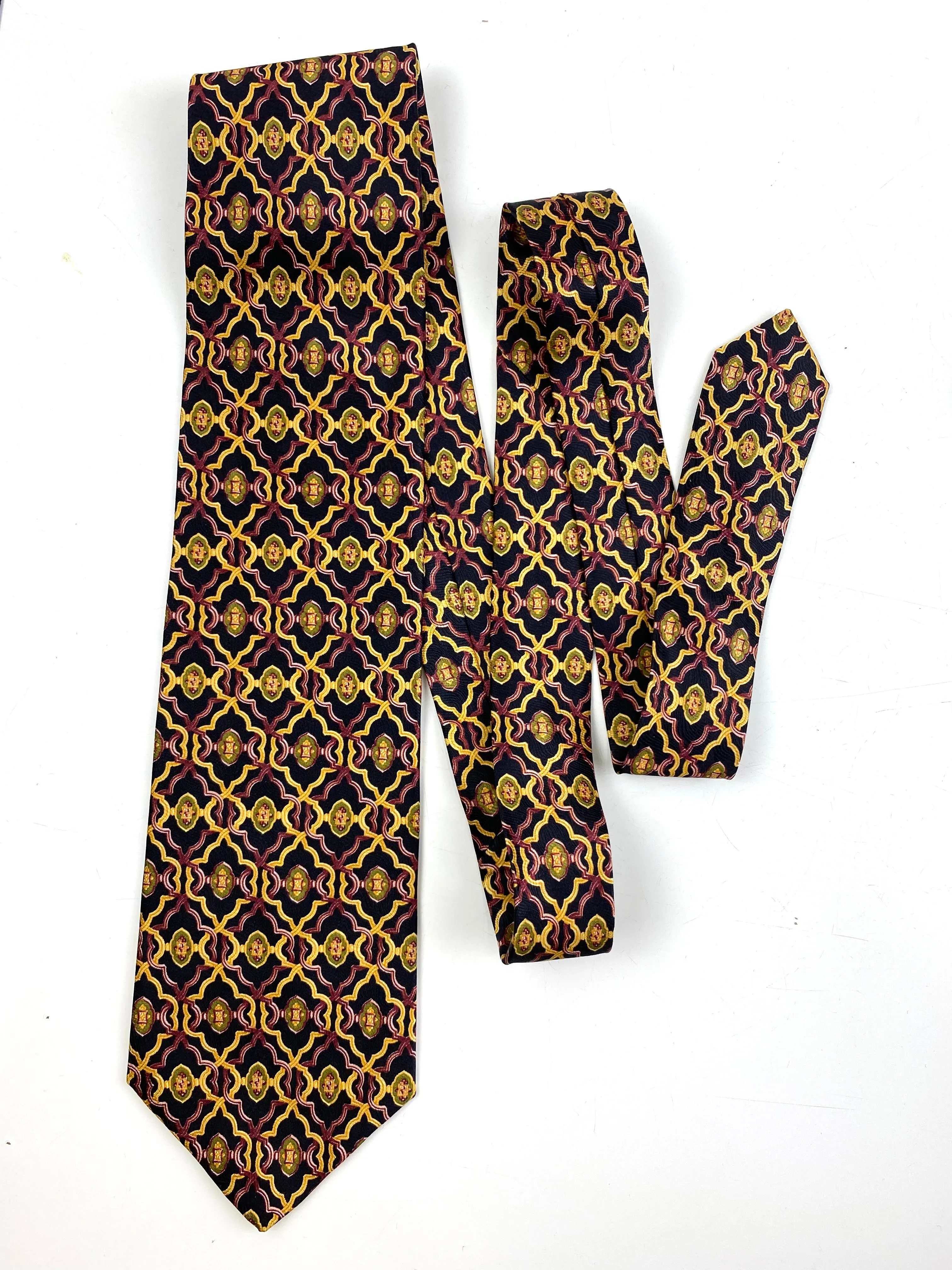 90s Deadstock Silk Necktie, Men's Vintage Maroon/Gold Geometric Art Deco Pattern Tie, NOS