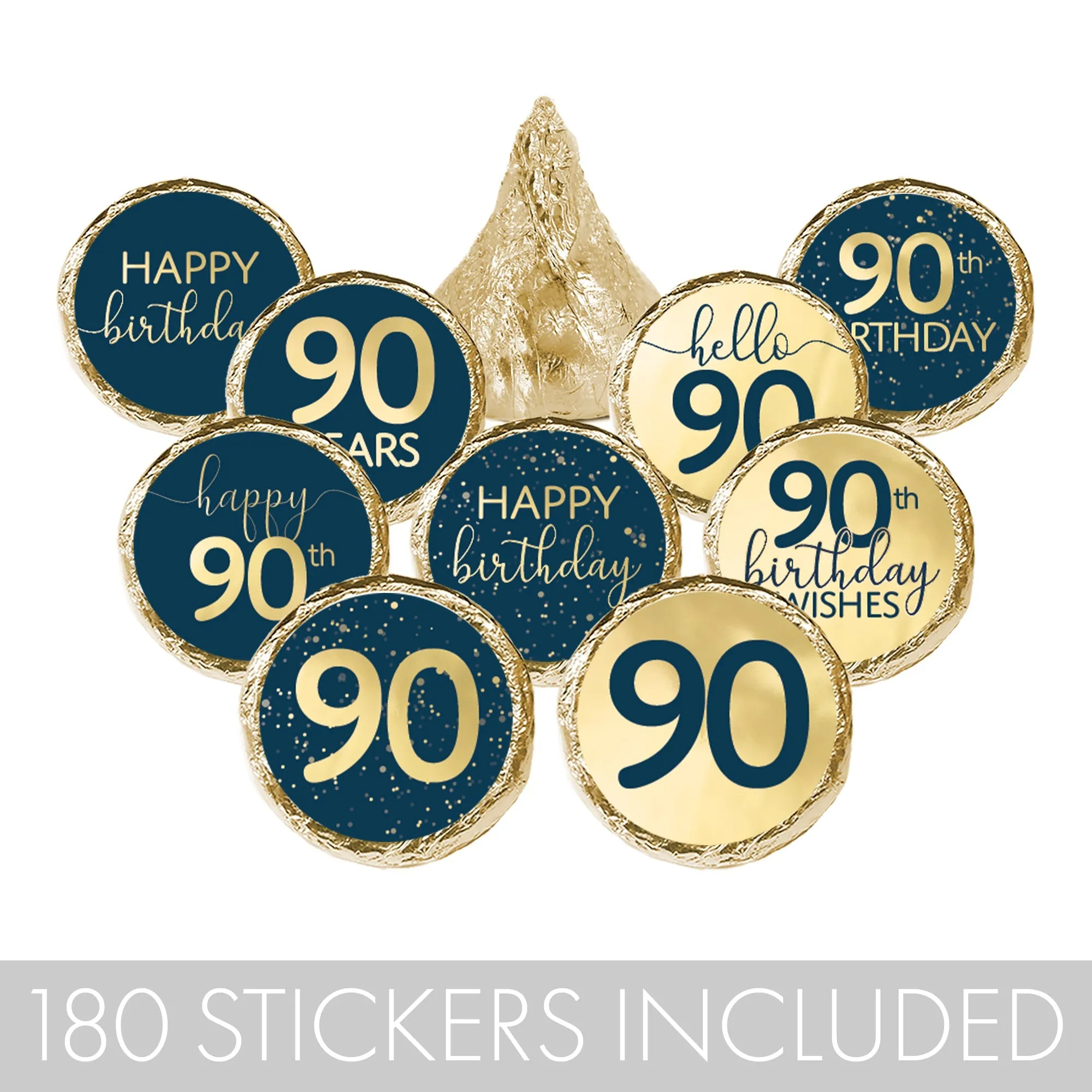 90th Birthday: Navy Blue & Gold - Adult Birthday - Stickers - Fits Hershey's Kisses Candy