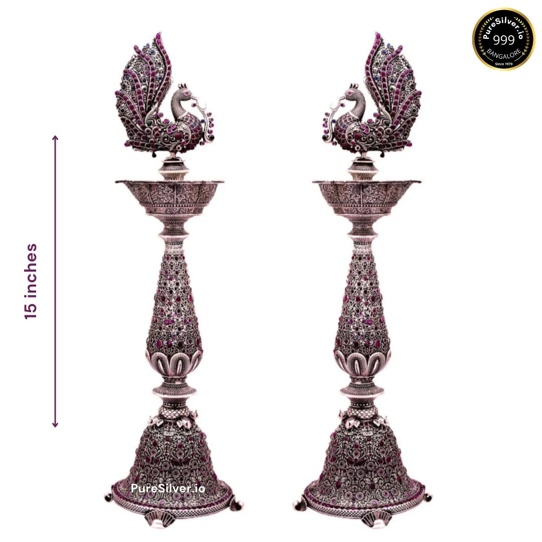 925 Luxury Pure Silver Good Luck Long Lamp for Pooja | 15" | Set of 2