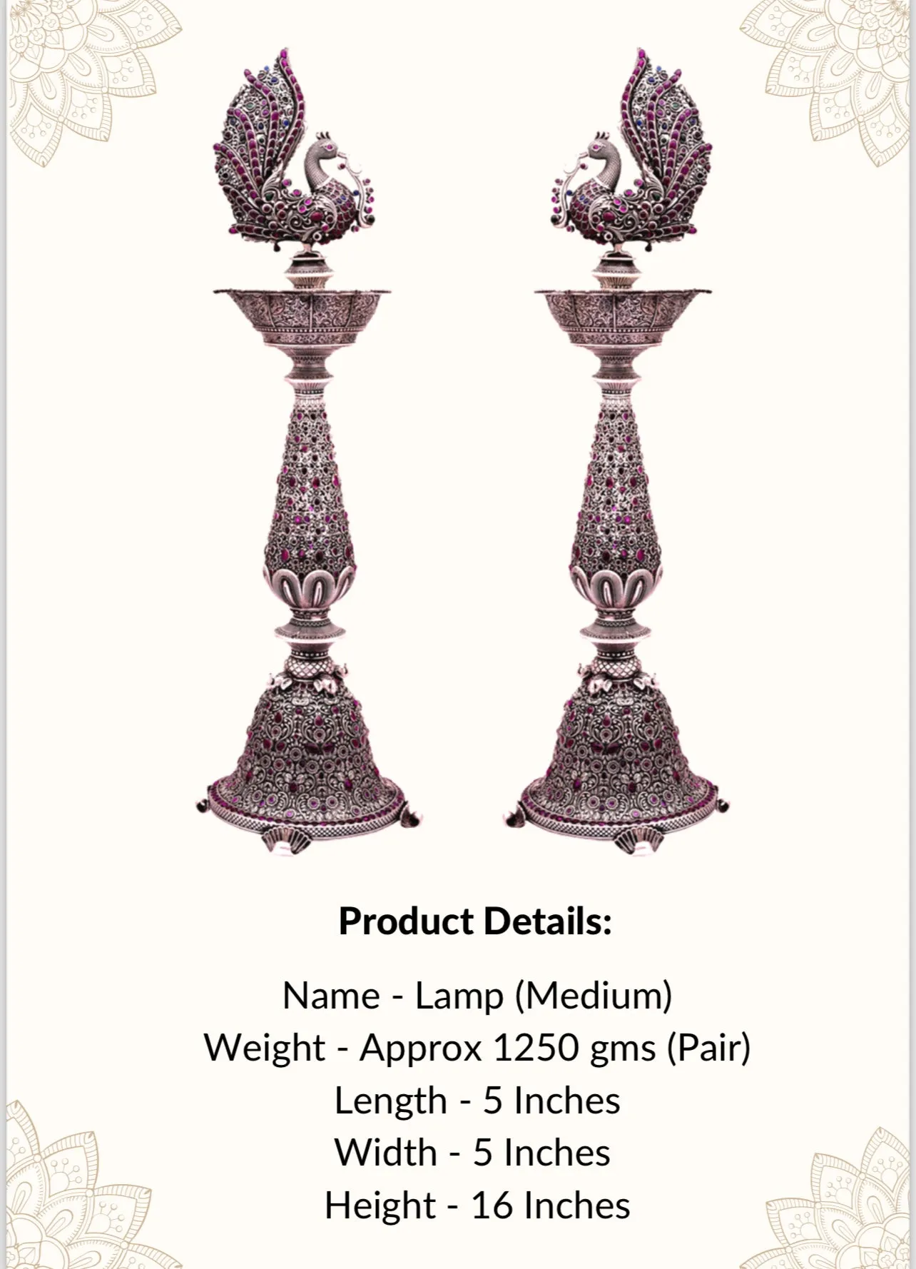 925 Luxury Pure Silver Good Luck Long Lamp for Pooja | 15" | Set of 2