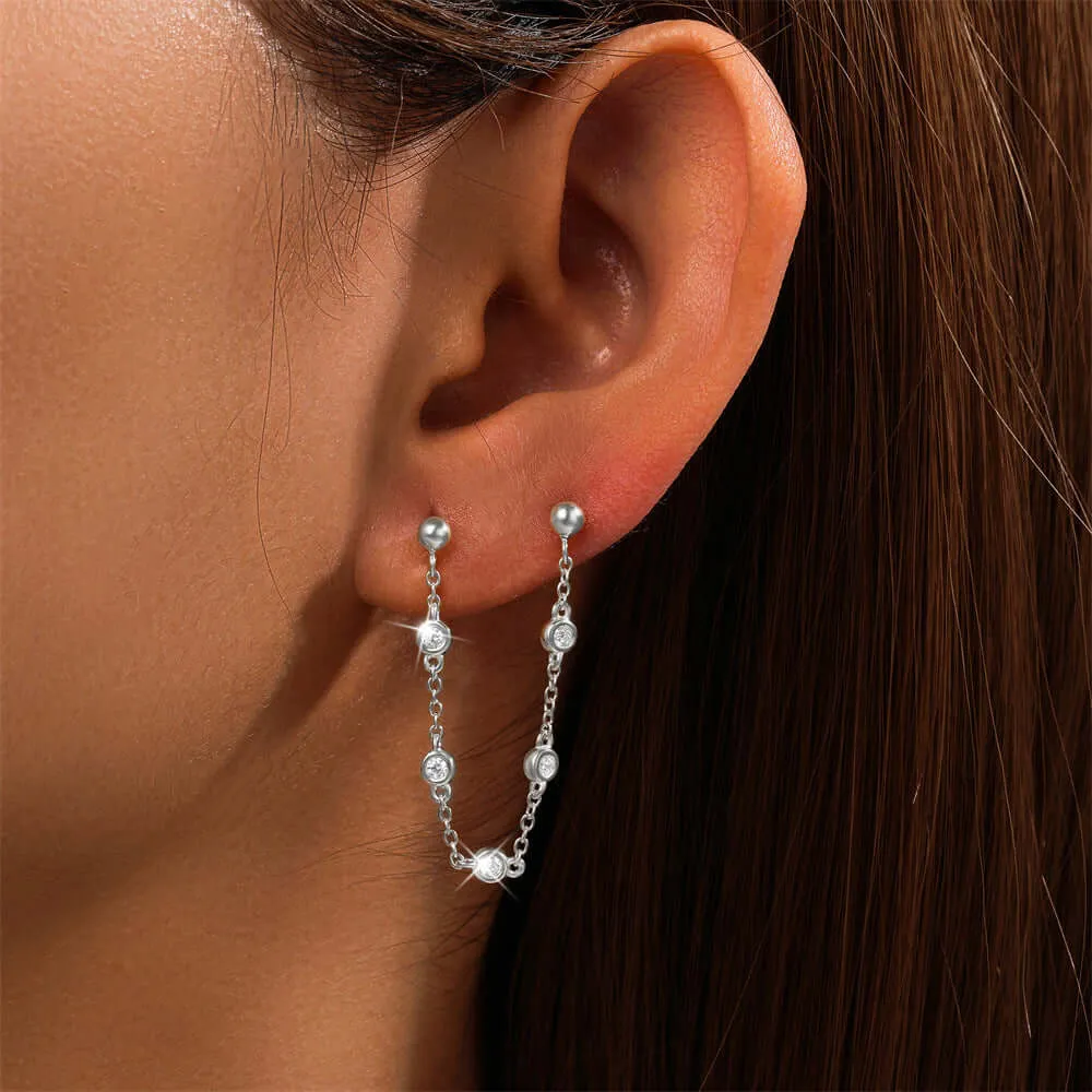 925 Silver Multi Ball Inlaid CZ Diamond Tassel Earrings