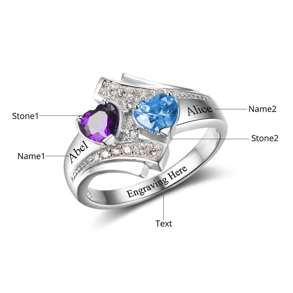 925 Sterling Silver Customized Heart Birthstone & Engraved Name Ring