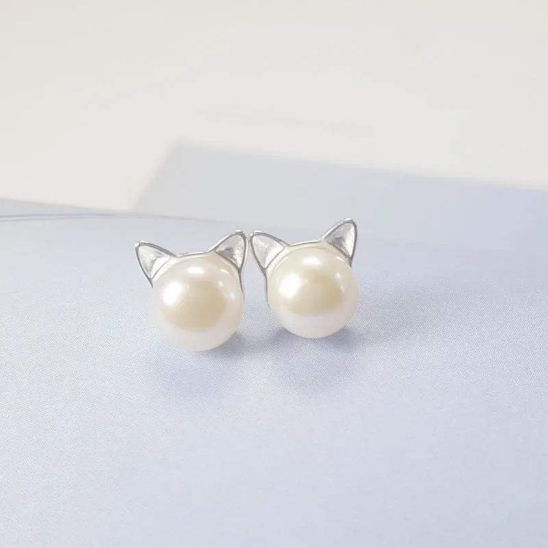 925 sterling silver natural freshwater pearl sprouting cat cat ears earrings