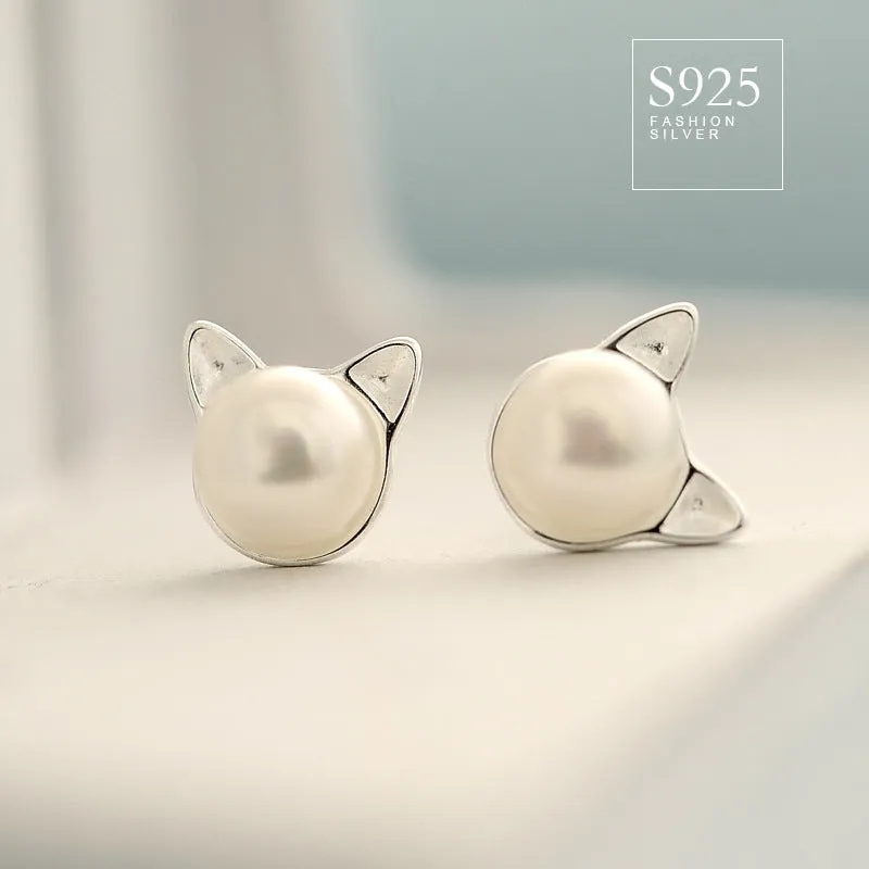 925 sterling silver natural freshwater pearl sprouting cat cat ears earrings