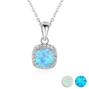 925 Sterling Silver Necklace for Women, Square Opal & Cubic Zirconia Pendant Necklace