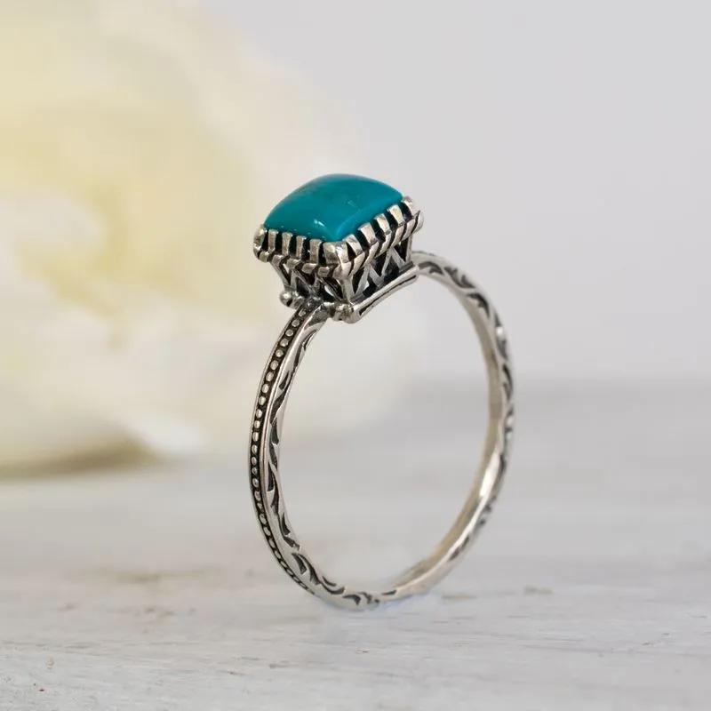 925 Sterling Silver Square Turquoise 6X6mm Ring