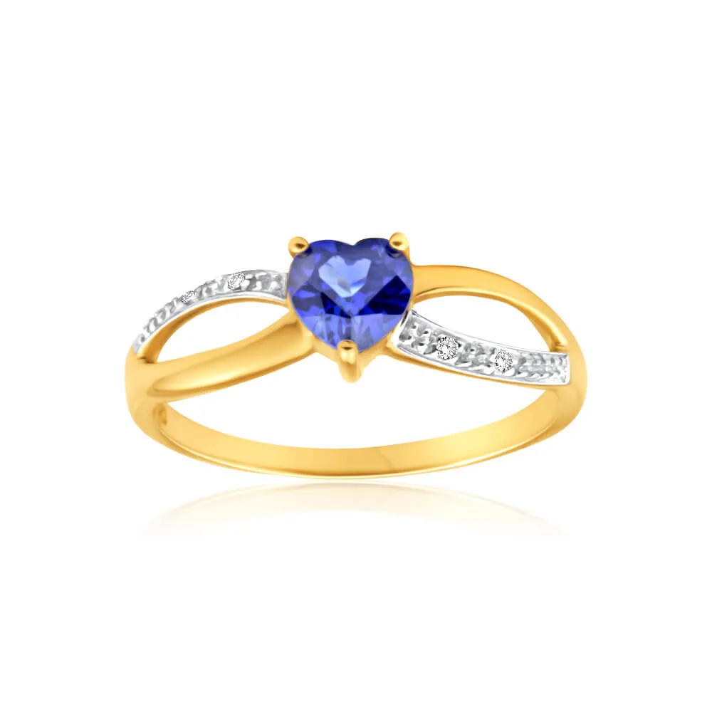 9ct Charming Yellow Gold Created Sapphire   Diamond Ring