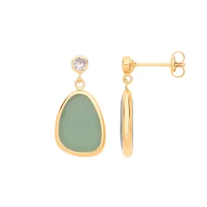 9ct Yellow Gold CZ and Green Glass Drop Stud Earrings