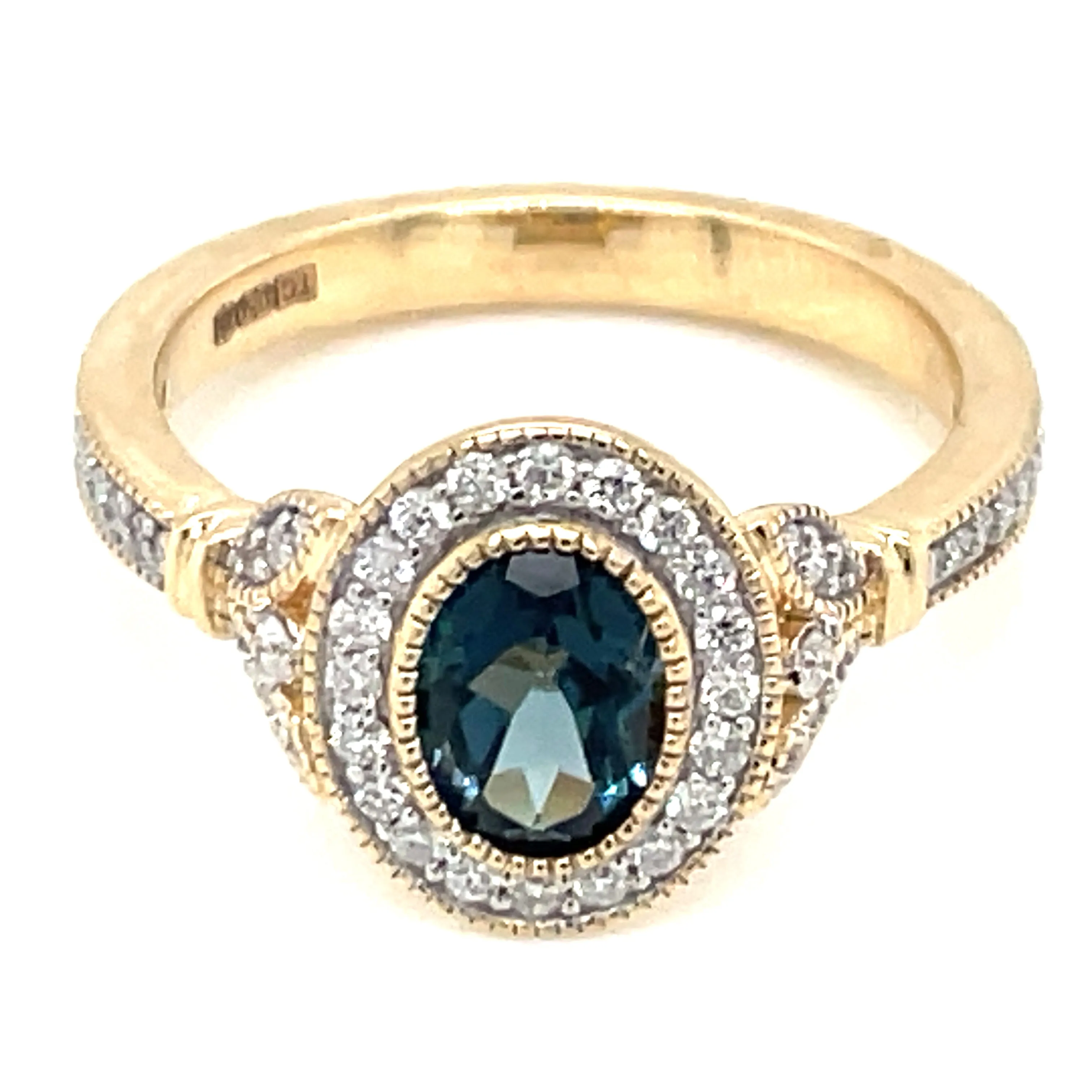 9ct Yellow Gold Earth Grown 1.23ct London Blue Topaz And Diamond Halo Ring