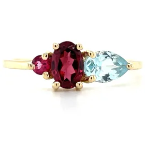 9ct Yellow Gold Earth Grown Blue Topaz, Pink Topaz & Rhodolite Ring