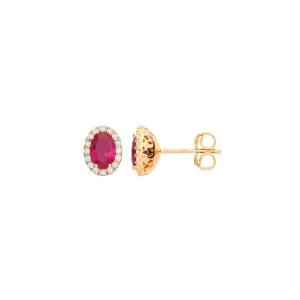 9ct Yellow Gold Oval Ruby Red CZ Stud Earrings