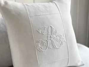 A - An Antique French White on White 'A' Monogrammed 40cm Cushion