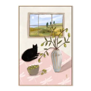 A Cat And Olives 100cm  x 150cm Framed Canvas - Natural Frame