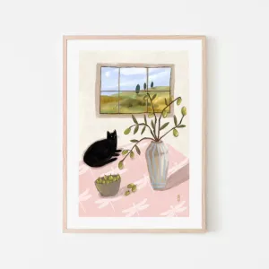 A Cat And Olives 50cm x 70cm Framed Poster - Natural Frame