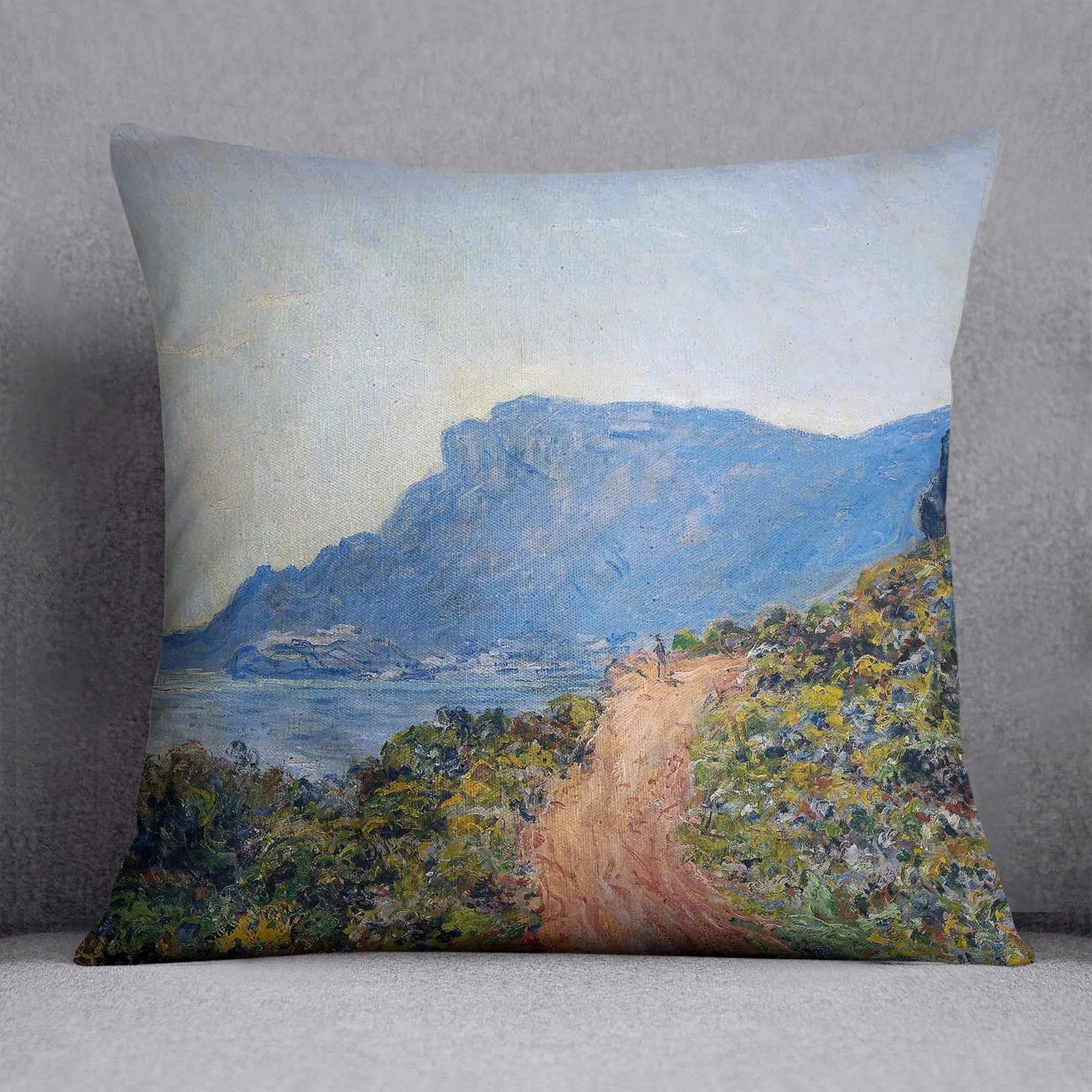 A coastal view with a bay by Monet Throw Pillow