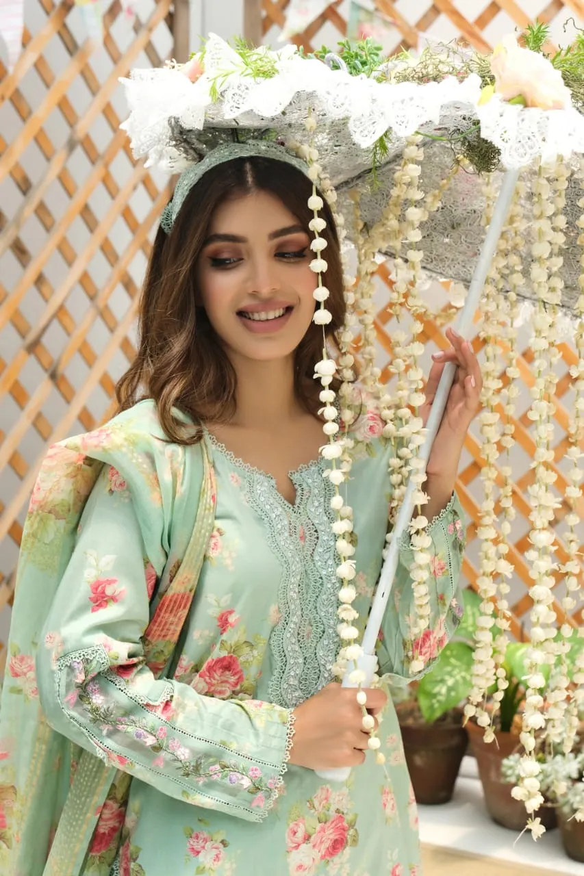 A Floral Monsoon 23- Aqua Floral With Shalwar And Dupata