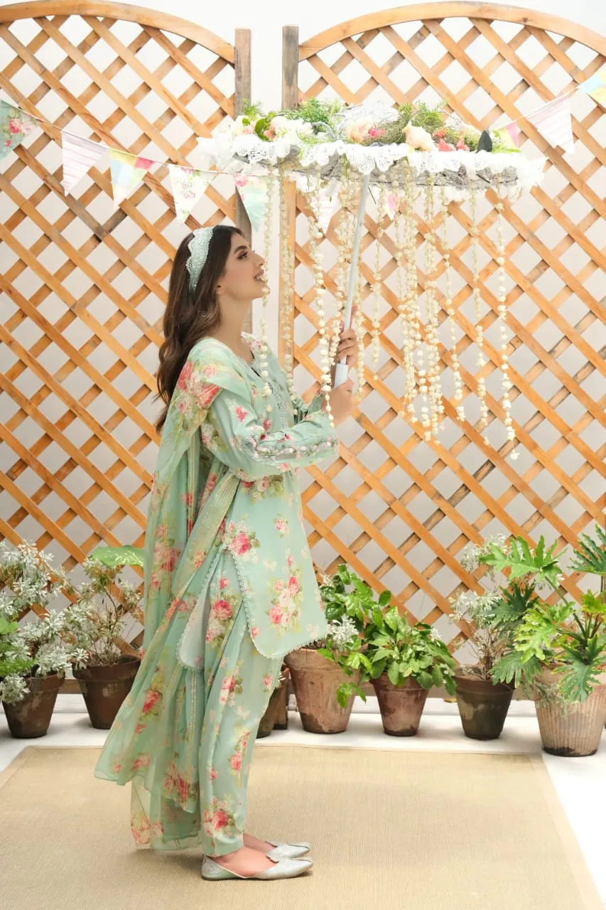 A Floral Monsoon 23- Aqua Floral With Shalwar And Dupata