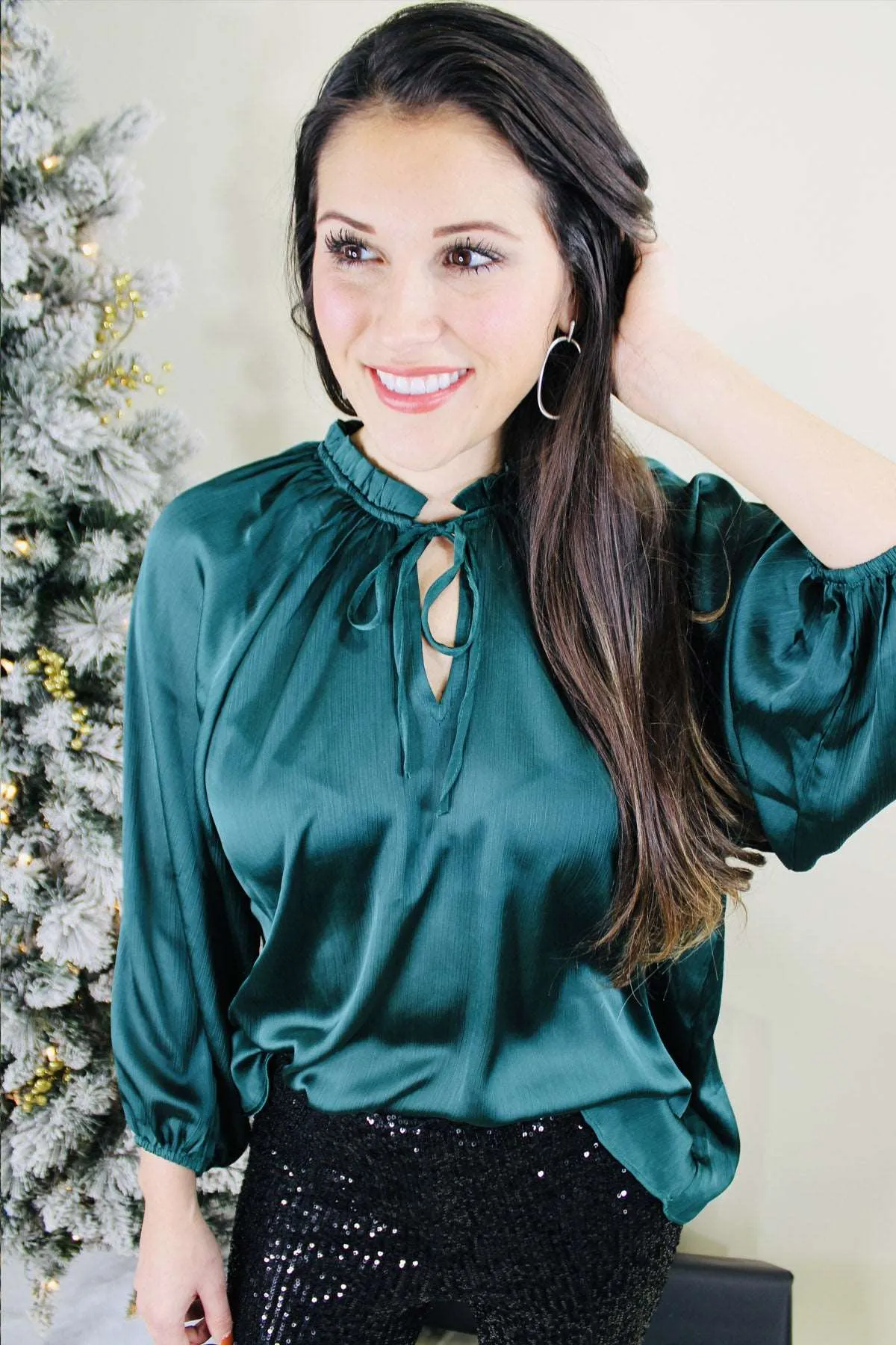 A Holiday Moment Satin Tie Front Blouse | Hunter Green