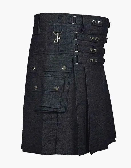 A KILT IN BLACK DENIM WITH A DETACHABLE APRON