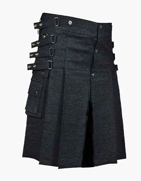 A KILT IN BLACK DENIM WITH A DETACHABLE APRON