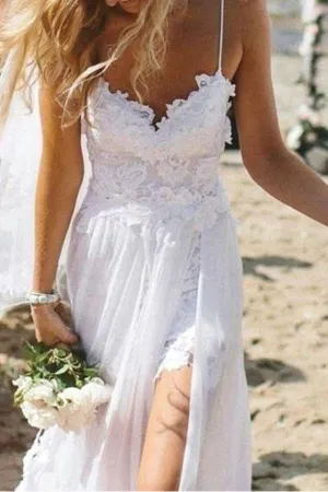 A Line Backless Lace Beach Wedding Dress Backless Bridal Gown