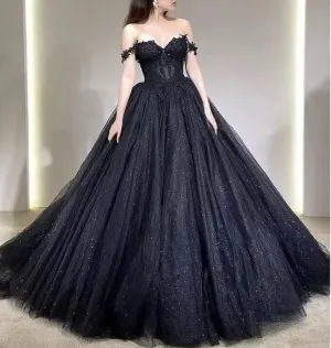 A Line Black Gothic Wedding Dresses Off the Shoulder Lace Tulle