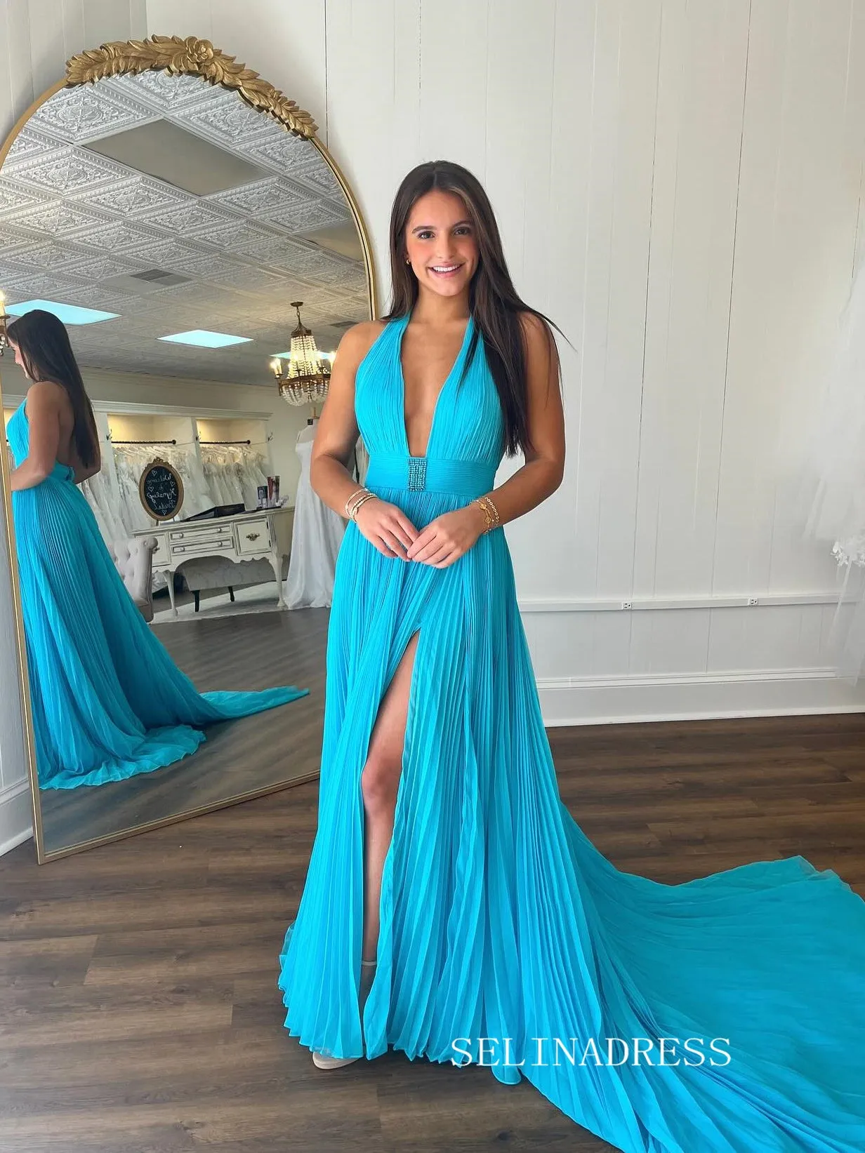 A-line Blue Halter Long Prom Dress Ruffles Evening Dress With Slit SEW1155