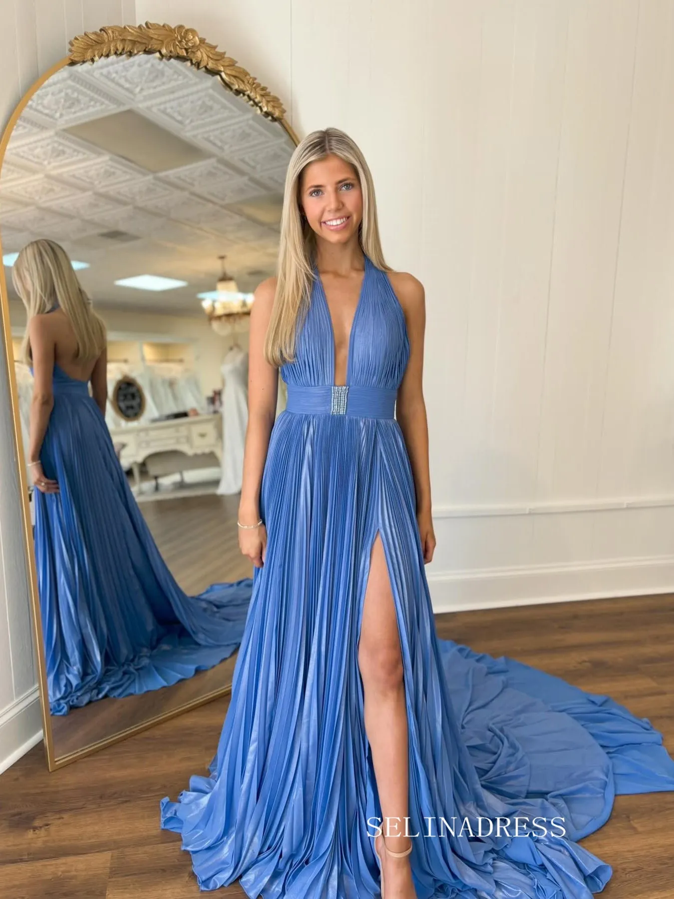 A-line Blue Halter Long Prom Dress Ruffles Evening Dress With Slit SEW1155