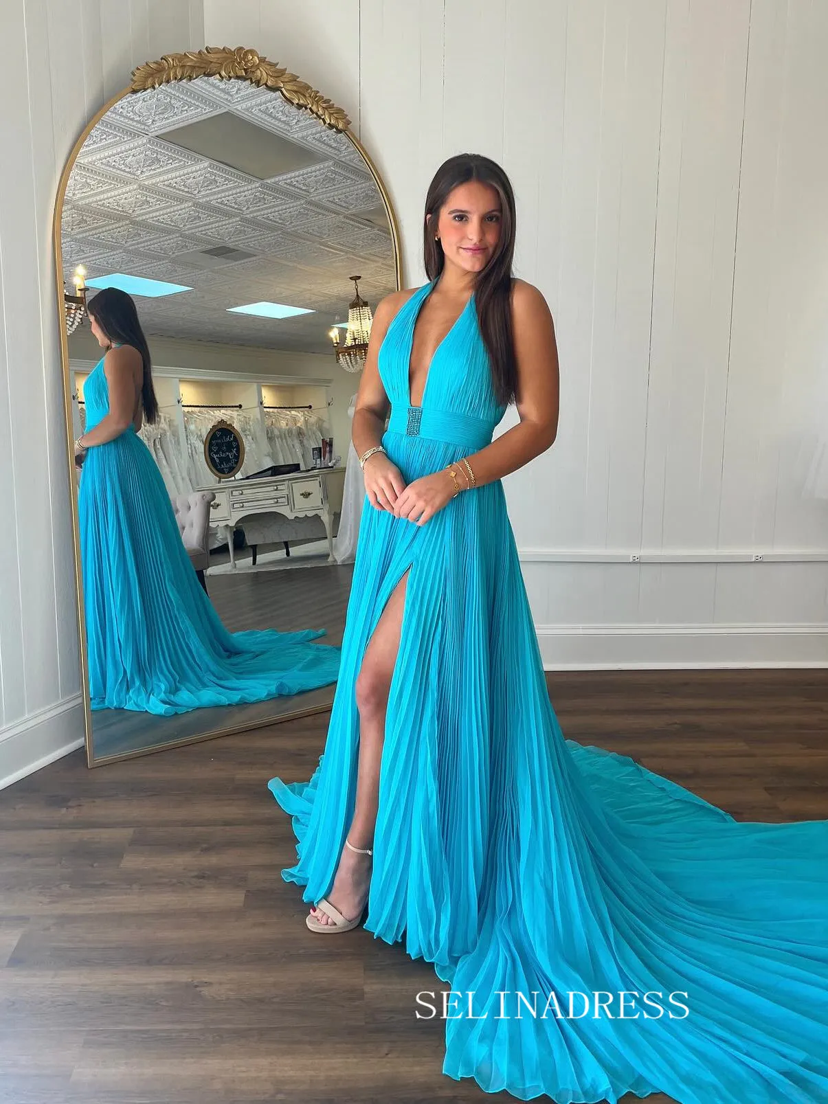 A-line Blue Halter Long Prom Dress Ruffles Evening Dress With Slit SEW1155